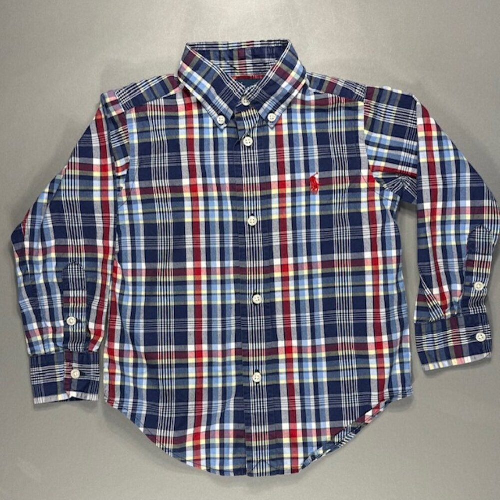 Boy's Ralph Lauren Polo Button Down Long Sleeve Plaid Shirt Size 2T 2 Red Logo
